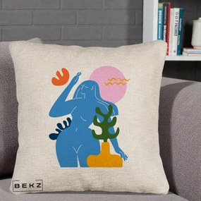 Perna Decorativa Femeie Albastra Cactus, 40x40 cm, Bej Canapea, Husa Detasabila, Perna Inclusa, BEKZ®