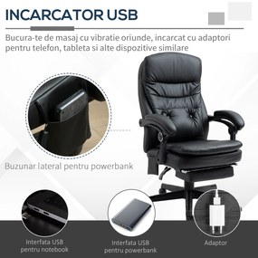 Vinsetto Scaun de Birou cu Masaj prin Vibrații, USB, din Piele PU, cu Suport Lombard și pentru Picioare, Negru | Aosom Romania