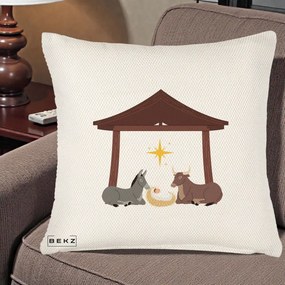 Perna Decorativa Ieslea din Betleem cu Iesle Asin si Bou, 40x40 cm, Crem Reliefat, Husa Detasabila, Perna Inclusa, BEKZ®