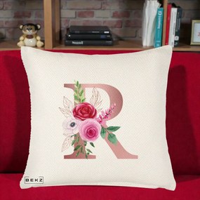 Cadou Personalizat - Perna Personalizata Monograma Rose Gold Litera R, 40x40 cm, Crem Reliefat, Husa Detasabila, Perna Inclusa, BEKZ®