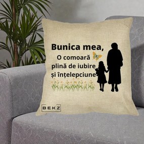 Cadou pentru Bunica - Perna Personalizata Bunica Mea Comoara Iubire Intelepciune Varianta Extinsa, 40x40 cm, Crem, Husa Detasabila, Perna Inclusa, BEKZ®