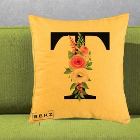 Cadou Personalizat - Perna Personalizata Monograma Florala Litera T, 40x40 cm, Galben, Husa Detasabila, Perna Inclusa, BEKZ®