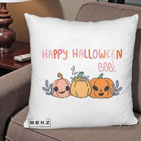 Perna Decorativa Happy Halloween Boo Trei Dovlecei Kawaii, 40x40 cm, Alb Pufos, Husa Detasabila, Perna Inclusa, BEKZ®
