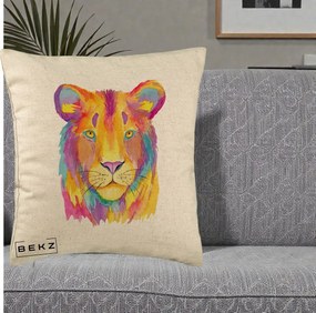 Perna Decorativa Leu Acuarela Curcubeu, 40x40 cm, Bej, Husa Detasabila, Perna Inclusa, BEKZ®
