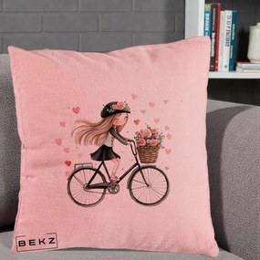 Perna Decorativa Fetita Kawaii pe Bicicleta cu Trandafiri si Inimioare, 40x40 cm, Roz, Husa Detasabila, Perna Inclusa, BEKZ®