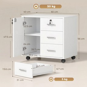 HOMCOM Dulap de Birou cu 3 Sertare și Dulăpior cu 3 Rafturi Reglabile, Sertar pentru Documente, 60x40x56 cm, Alb | Aosom Romania
