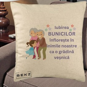 Cadou pentru Bunici - Perna Personalizata Bunicii Iubirea Infloreste Bunici cu Nepoata Colorat, 40x40 cm, Bej, Husa Detasabila, Perna Inclusa, BEKZ®