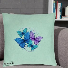 Perna Decorativa Patru Fluturi Turcoaz-Violet, 40x40 cm, Verde Menta, Husa Detasabila, Perna Inclusa, BEKZ®
