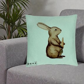Perna Decorativa Iepuras Acuarela cu Morcov, 40x40 cm, Verde Menta, Husa Detasabila, Perna Inclusa, BEKZ®