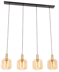 Lampă suspendată de design neagră cu alamă și sticlă chihlimbar cu 4 lumini - Zuzanna
