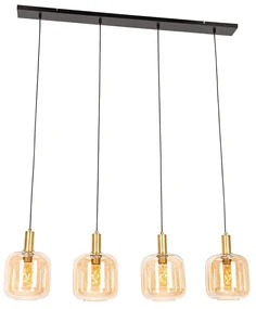 Lampă suspendată de design neagră cu alamă și sticlă chihlimbar cu 4 lumini - Zuzanna