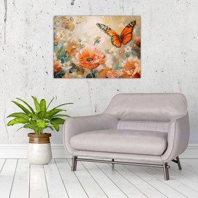 Tablou pe sticlă - Fluture și flori, pictură în ulei (70x50 cm)