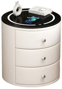 Noptieră inteligentă multifuncțională rotundă, 3 sertare, iluminare LED-uri Touch, încărcare fără fir, încărcare USB, difuzor Bluetooth, sticlă securizată, Alb