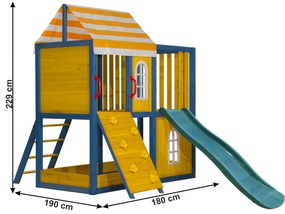 Căsuţă pentru grădină din lemn / loc de joacă pentru copii cu tobogan şi perete de căţărat, MANAS