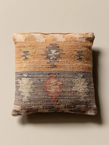 Pernă decorativă din lână și iută, multicolor, țesătură kilim în nuanțe de muștar și verde, finisaj artizanal, 50 x 50 cm, „Moutarde”