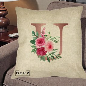 Cadou Personalizat - Perna Personalizata Monograma Rose Gold Litera U, 40x40 cm, Crem, Husa Detasabila, Perna Inclusa, BEKZ®