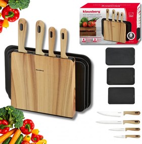 Set de cuțite și tăvi de tăiat Klausberg KB 9037, 8 piese, oțel inoxidabil, suport, maro/negru