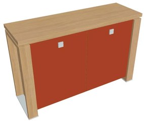 Dulap mic Verno+ 140 x 46 x 90 cm, uși de sticlă, stejar deschis / portocaliu