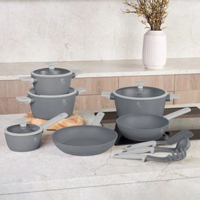 Set oale si tigai cu capace, 15 piese Aspen Berlinger Haus BH 8245, antiaderente, gri, design modern