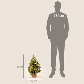 HOMCOM Mini Brad de Crăciun 60 cm cu lumini LED, 141 ramuri, conuri de pin, bobițe roșii, bază din ciment, verde | Aosom Romania