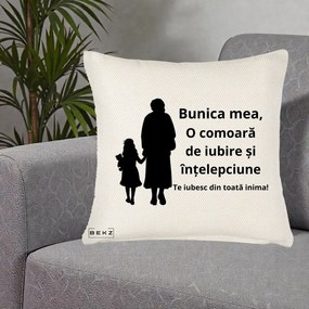 Cadou pentru Bunica - Perna Personalizata Bunica Mea Comoara Iubire Intelepciune Silueta, 40x40 cm, Crem Reliefat, Husa Detasabila, Perna Inclusa, BEKZ®