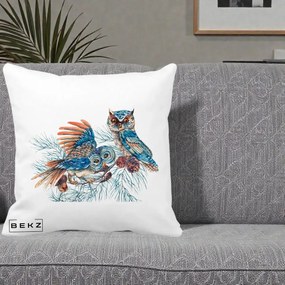 Perna Decorativa Bufnite de Iarna Albastre, 40x40 cm, Alba Mata, Husa Detasabila, Perna Inclusa, BEKZ®
