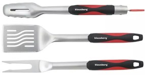 Set 3 ustensile pentru gratar Klausberg BBQ KB 7899, Cleste, Furculita, Spatula, Orificiu de agatat, Otel inoxidabil, Negru/Rosu