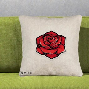 Perna Decorativa Trandafir Rosu Tattoo, 40x40 cm, Bej Canapea, Husa Detasabila, Perna Inclusa, BEKZ®