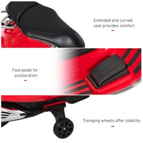 HOMCOM Motocicleta Electrica pentru Copii 3+ Ani cu Licenta Vespa, Motocicleta Jucarie din PP, Otel, 2 Roti Suplimentare, 108x49x75cm Rosie | Aosom RO