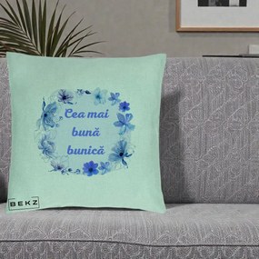 Cadou pentru Bunica - Perna Personalizata Cea Mai Buna Bunica Coronita Flori Albastre Acuarela, 40x40 cm, Verde Menta, Husa Detasabila, Perna Inclusa, BEKZ®
