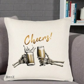 Perna Decorativa Halloween Cheers Schelete cu Bere, 40x40 cm, Crem Reliefat, Husa Detasabila, Perna Inclusa, BEKZ®