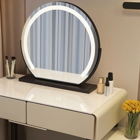 RESIGILAT- Set KARLA, Masă de toaletă pentru machiaj cu oglindă iluminată LED, control touch, 5 sertare, comoda, scaun tip boucle, IVORY