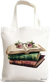 Sacosa de Panza pentru Cumparaturi, Geanta Tote, model Books and glasses 38 x 34.5 cm, Alba, BEKZ®