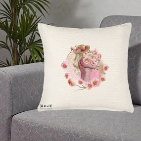 Perna Decorativa Femeie cu Flori Roz Acuarela, 40x40 cm, Crem Reliefat, Husa Detasabila, Perna Inclusa, BEKZ®