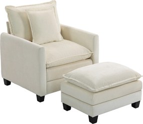 HOMCOM Fotoliu de salon cu taburet, fotoliu 1 loc din chenille, șezut lat, umplutură dublă, 85x128x86cm, crem | Aosom Romania