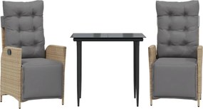 vidaXL Set de masă pentru grădină, 3 piese, cu perne, bej, poliratan