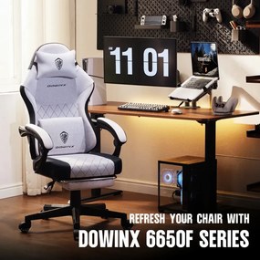 DOWINX 6650F - Scaun Gaming Ergonomic, Masaj in perna lombara, Șezut cu Arcuri Metalice și Spumă, Suport pentru picioare, Rabatabil 90°–135°, Rezistent 136 kg, Material textil, Gri