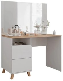 SEA913 - Set masă toaletă 110 cm pentru machiaj cu oglindă LED, opțiune cu sau fără scaun – Design modern și funcțional - Alb - Culoarea Stejar