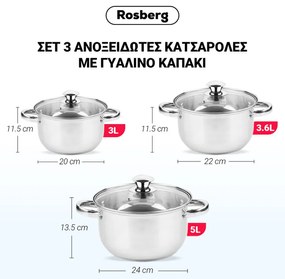 Set oale Rosberg R51210O6, 6 piese, 3-5 L, Capac din stica, Inox