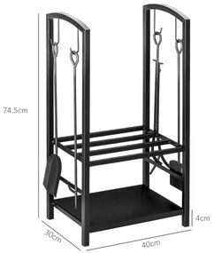 Outsunny Caseta pentru Lemne cu Set Unelte pentru Semineu in Otel Negru 40 x 30 x 74.5 cm