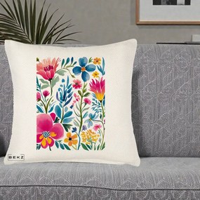 Perna Decorativa Gradina Florala Acuarela Colorata, 40x40 cm, Crem Reliefat, Husa Detasabila, Perna Inclusa, BEKZ®