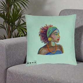 Perna Decorativa Portret Femeie Urbana Acuarela, 40x40 cm, Verde Menta, Husa Detasabila, Perna Inclusa, BEKZ®