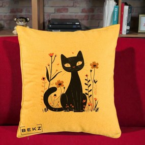 Perna Decorativa Pisica Neagra Flori Pastel Folk, 40x40 cm, Galben, Husa Detasabila, Perna Inclusa, BEKZ®