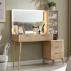 Masuta machiaj cu Oglinda LED si 5 Sertare pentru Cosmetice, Set Masa toaleta 122 cm, Alb, Antracit sau Culoarea Stejar, masuta cosmetica cu Riflaj,