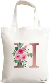 Sacosa de Panza pentru Cumparaturi, Geanta Tote, Cu litera H Rose Gold si Trandafiri, 38x34.5 cm, Alba, BEKZ®