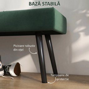 HOMCOM Bancă pentru Capătul Patului, Bancă cu Picioare din Oțel și Țesătură cu Efect de Catifea, 100x36x45 cm, Verde | Aosom Romania