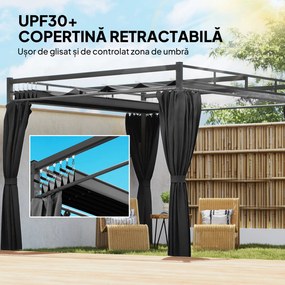 Outsunny Gazebo Pergolă 3x3 m cu Acoperiș Retractabil Glisant, 4 Pereți Laterali, Orificii de Drenare, Pergolă de Grădină din Poliester și Oțel, pentru Terasă, Curte, Exterior, UV30+, Gri Închis | Aosom Romania