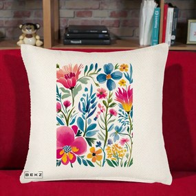 Perna Decorativa Gradina Florala Acuarela Colorata, 40x40 cm, Crem Reliefat, Husa Detasabila, Perna Inclusa, BEKZ®