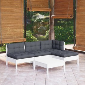 Set mobilier de gradina cu perne, 5 piese, alb, lemn de pin Alb, 5