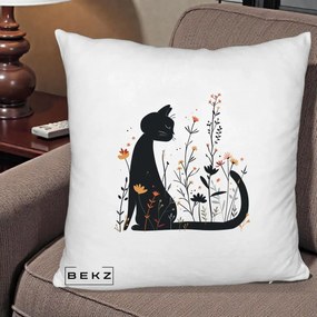 Perna Decorativa Pisica Neagra Flori Portocalii Silueta, 40x40 cm, Alb Pufos, Husa Detasabila, Perna Inclusa, BEKZ®